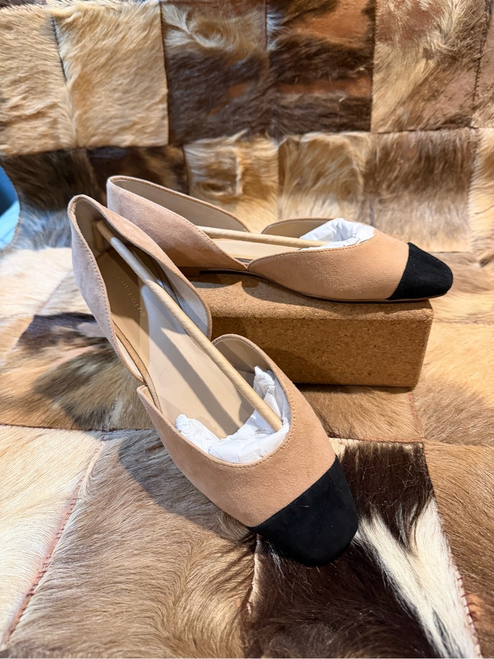 Ann Taylor Nude Beige and Black Cap-Toe D'Orsay Flats